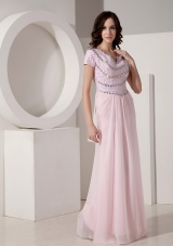 Simple Baby Pink Empire V-neck Evening Dress Chiffon Beading Floor-length