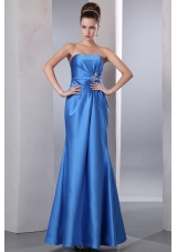 Blue Column Strapless Beading Prom Dress Ankle-length Satin