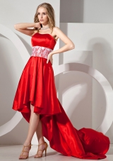 Red High-low Pretty Prom Dress With Lace Decorate Waist