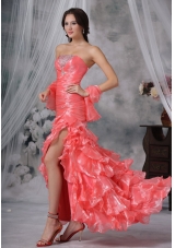 Beaded Decorate Bust Ruched Decorate Up Bodice Ruffles Watermelon Red High Slit Brush Train For 2013 Prom / Evening Dress