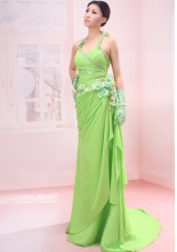 Beaded Decorate Shoulder Lime Green Chiffon Halter Brush/Sweep Empire Prom Dress