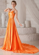 Orange Empire Spaghetti Straps Court Train Elastic Woven Satin Pleat Prom Dress