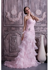 Baby Pink Column Sweetheart Brush Train Ruch and Beading Organza Prom Dress