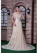 Champagne Empire V-neck Sweep Train Chiffon and Lace Beading Prom Dress