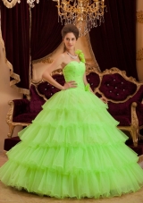 Lemon Green A-line / Princess One Shoulder Floor-length Ruffles Quinceanera Dress