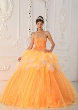 Orange A-Line / Princess Sweetheart Floor-length Satin and Tulle Beading Quinceanera Dress