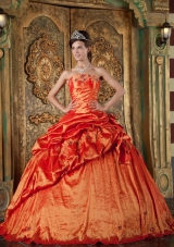 Orange Red Ball Gown Strapless Floor-length Pick-ups Taffeta Quinceanera Dress