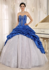 Blue and White Quinceanera Dress With Embroidery Sweetheart Pick-ups 2013
