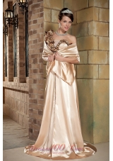 Celebrity Champagne Column One Shoulder Brush Train Silk Like Satin Beading Prom Dress