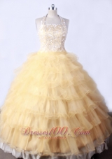 Gold and Halter For Little Girl Pageant Dresses With Ruffled Layers and Beading  Pageant Dresses