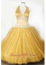 Appliques and Beading For Little Girl Pageant Dresses With Gold Halter