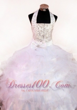 White Beading and Halter For Little Girl Pageant Dresses With Organza and Floor-length  Pageant Dresses