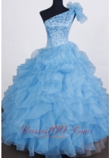 Exclusive Ball Gown Little Girl Pageant Dress One Shoulder Floor-length Aqua Blue Organza Beading  Pageant Dresses