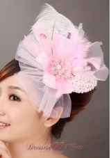 Sweet Pink Tulle Feather Side Clamp Diamond Women’ s Fascinators