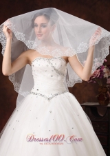 White Lace Appliques And Two-tier Organza Veil For Modest Wedding