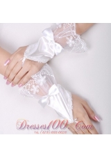 Pretty Satin Fingerless Wrist Length Bridal Gloves With Lace And Bow