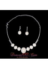 Elegant Pearl With Rhinestone Wedding Jewelry Set Including Necklace And Earrings