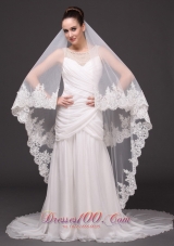 Beautiful Two-tier Cathedral Wedding Veil With Lace Applique Edge