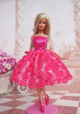 Sweet Ball Gown Hot Pink Hand Made Flowers With Tea-length Made to Fit the Barbie Doll