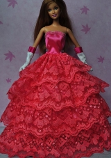 Pretty Red Gown With Ruffled Layers Dress For Barbie Doll