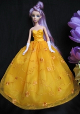Embroidery Taffeta and Organza Yellow Ball Gown Barbie Doll Dress