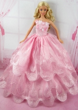 Romantic Pink Gown With Embroidery Dress For Barbie Doll