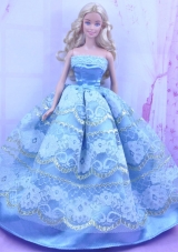 Blue Handmade Gown With Appliques and Sequins Made to Fit the Barbie Doll