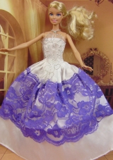 New Fashion Ball Gown White and Purple Dress Gown For Barbie Doll