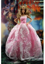 New Embroidery Fashion Princess Pink Dress Gown For Barbie Doll