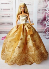 Lovely Ball Gown Handmade Gold Appliques Barbie Doll Dress