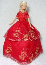 Pretty Red Gown With Embroidery Dress For Barbie Doll