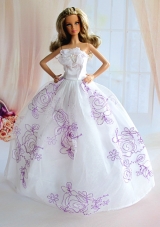 Embroidery Decorate White Taffeta Ball Gown Barbie Doll Dress