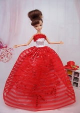 Hand Made Flowers Red Ball Gown Party Clothes Barbie Doll Dress