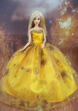 Beading Decorate Ball Gown Gold Barbie Doll Dress