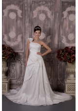Luxurious A-line One Shoulder Court Train Taffeta Appliques Wedding Dress