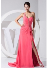 High Slit One Shoulder Beading Decorate Bodice Brush Train Watermelon Red 2013 Prom Dress