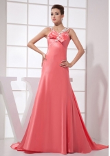 Beading Decorate Bodice Watermelon Red Taffeta Brush Train Straps 2013 Prom Dress