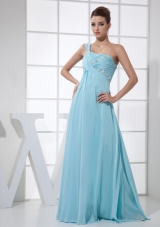 light Blue One Shoulder Beading and Ruch Empire Floor-length 2013 Prom Dress