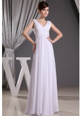 White V-neck Beading and Ruch For Prom Dress