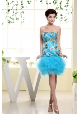 Baby Blue Appliques and Ruffles For Prom Dress With Mini-length
