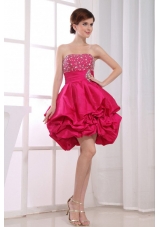 Beading Mini-length A-Line Strapless Taffeta Prom Dresss Hot Pink