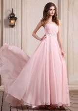 Baby Pink Prom Dress With Beaded Chiffon Brush Train For Party
