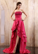 High-low Prom Dress With Sequin Coral Red Elastic Woven Satin