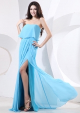 Strapless and High Slit For Prom Dress With Baby Blue and Brush Train