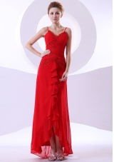 Beading Decorate Bodice Straps Red Chiffon Ankle-length 2013 Prom Dress