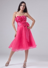 Sweetheart A-Line Organza Knee-length Hand Made Flowers Prom Dress Hot Pink