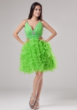 Beading and Ruffles Organza A-line V-neck Prom Dress Mini-length Spring Green