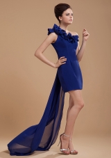 Royal Blue One Shoulder Prom / Cocktail Dress With Hand Made Flower Watteau Train