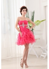 Hot Pink Prom Dress With Ruffled Layers  and Beading Ruch