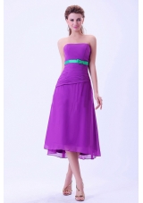 Purple Chiffon Green Belt Column Bridemaid Dress Tea-length
